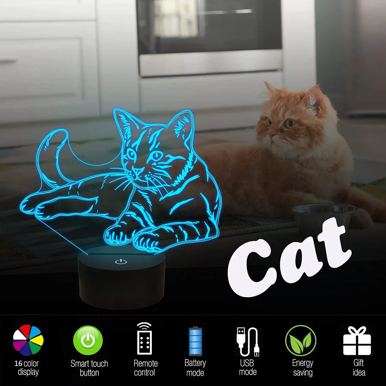 Cat Night Light, 3D Pet Lamp Kitty Light with 16 Colors Remote Control Birthday Holiday Gift for Cat Lover, Mom, Children