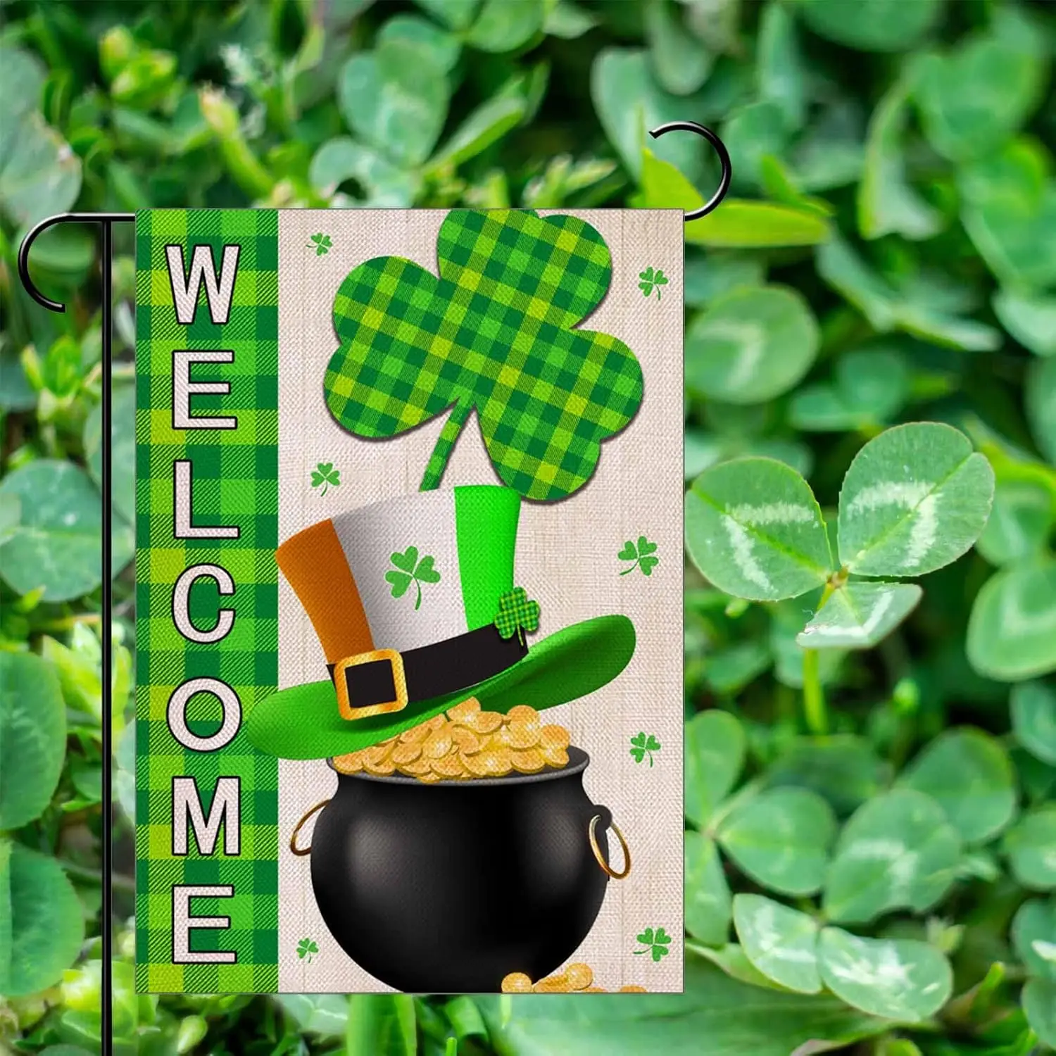 St Patricks Day Welcome Garden Flag,Green Shamrock Clover Garden Flag Luck Shamrock Buffalo Plaid Flag Irish Hat Double Sided Sp