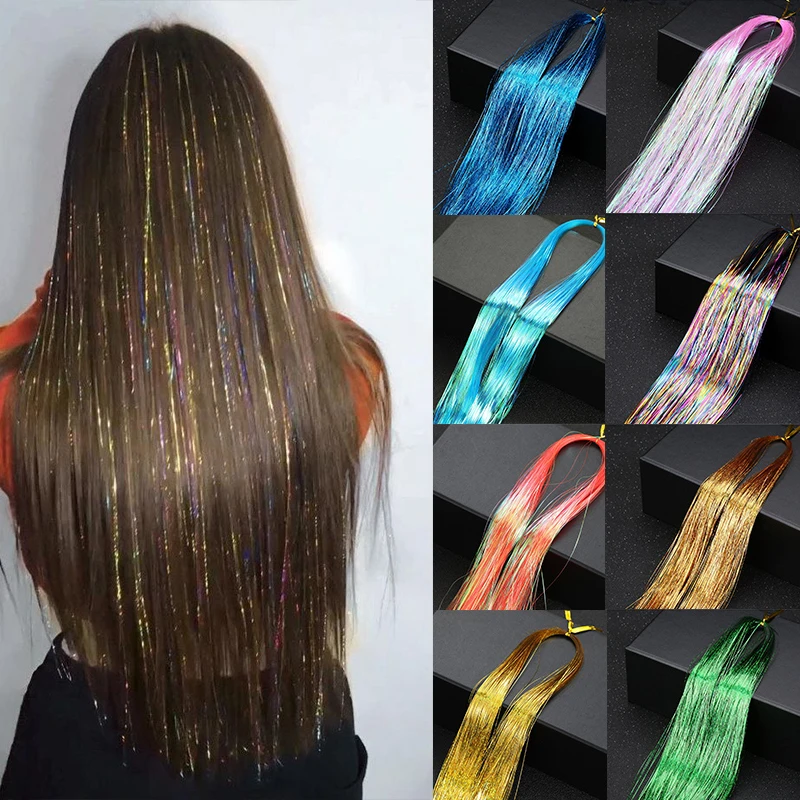 

36'' Rainbow Shiny Hair Tinsel Sparkle Strands Hair Girl Hippie Decor Glitter Strips Women Dazzles Braiding False Hair Extension