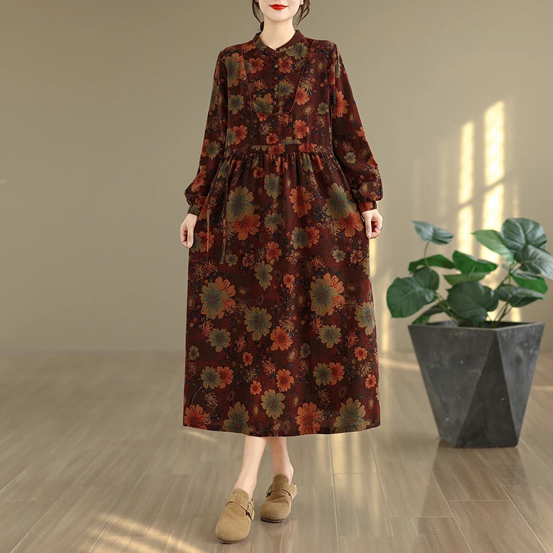 

Свободные хлопковые льняные платья с принтом в стиле ретро, тонкие V-Ne Long Sve A-Line, длинные повседневные платья, весна-осень, новый Sle