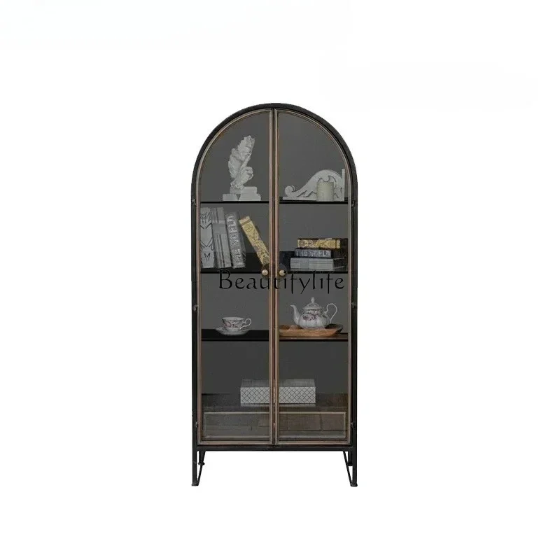

111Retro wrought iron glass bookcase against the wall floor arch frame collection cabinet multi-layer display cabinet