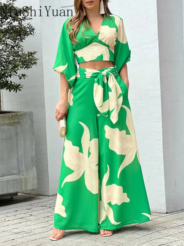 New Fashion Printed V-Neck Lantern Sleeve Short Shirt High Waist Wide Leg Pants Two Piece Set Two Piece Sets Womens Outifits