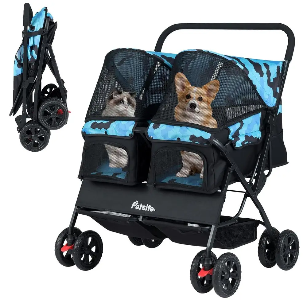 

Two-Seat Adjustable Pet Stroller with Sunshade, Removable Cushion, Safety Belt, Storage Basket for Dogs and Cats (Navy)