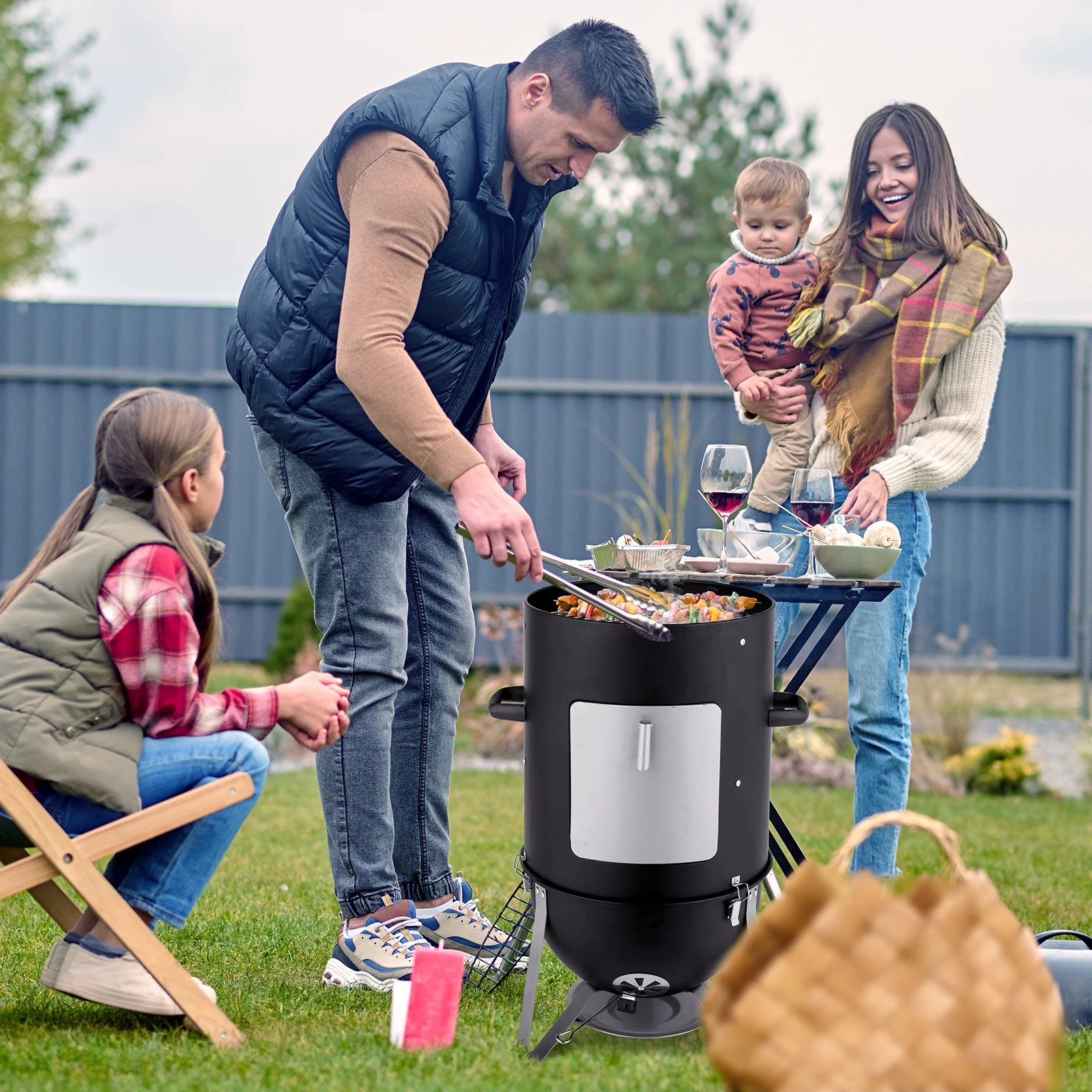 

Vertical Steel Charcoal Smoker, Heavy Duty Three Layer Round BBQ Grill Smokey Mountain Cooker for Outdoor Cooking, Black