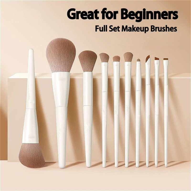 Juego de 10 brochas de maquillaje, brocha para sombra de ojos, brocha para delineador de ojos en ángulo, brocha para pestañas, brocha para polvos sueltos, herramientas de maquillaje