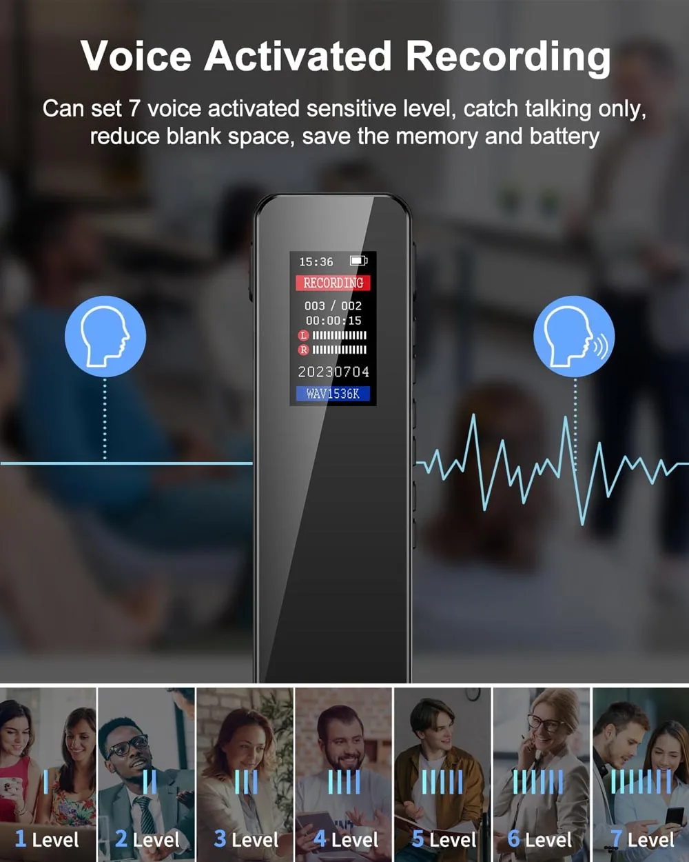 32GB Memory Digital Voice Recorder Voice Activated Recorder Playback, Portable Audio Recorder Recording Device AI Noise PQ134