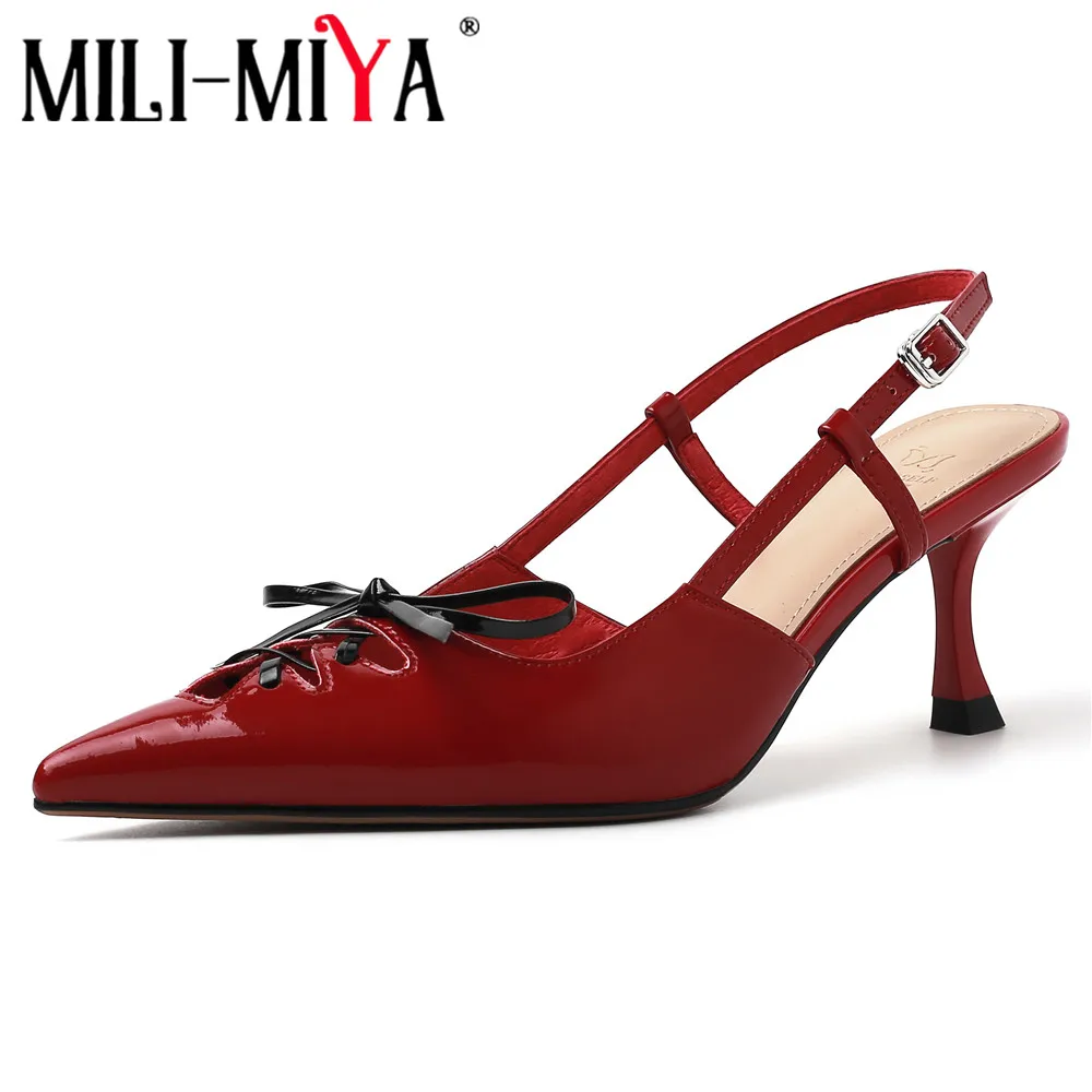 MILI-MIYA New Arrival Slingbacks Women Cow Leather Thin Heels Pumps Butterfly Knot Pointed Toe Dress Party Shoes Handmade