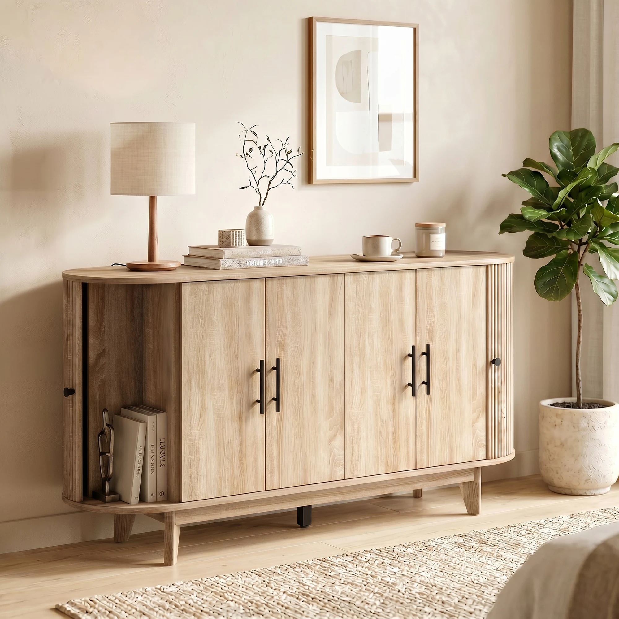 HOMCOM Meuble de rangement ovale à 6 portes avec 2 étagères réglables, buffet de salon, 147x40x76cm, chêne