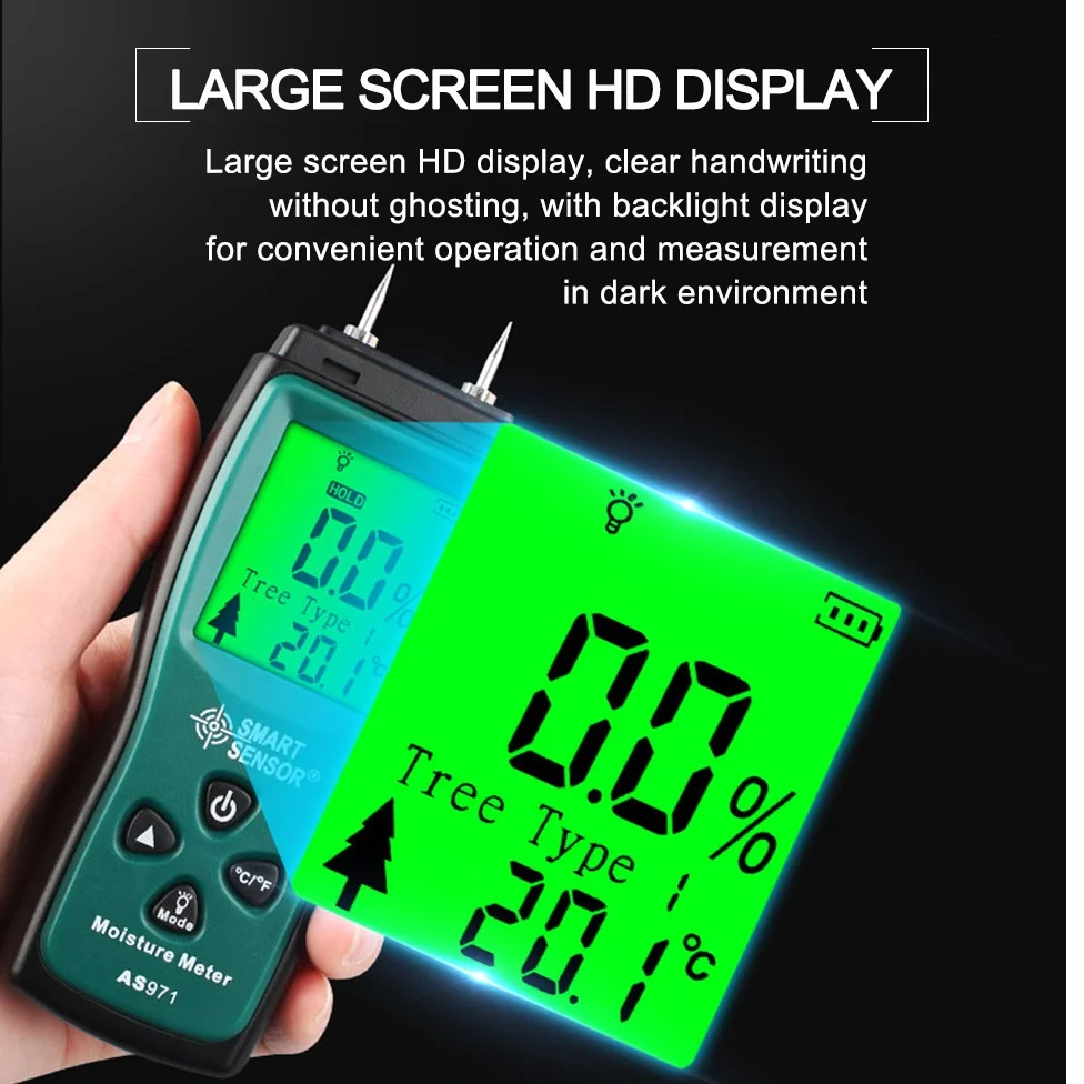 SMART SENSOR тестер влажности AS971 цифровой тестер влажности древесины 0 ~ 40 ℃   Тестер влажности древесины с ЖК-дисплеем