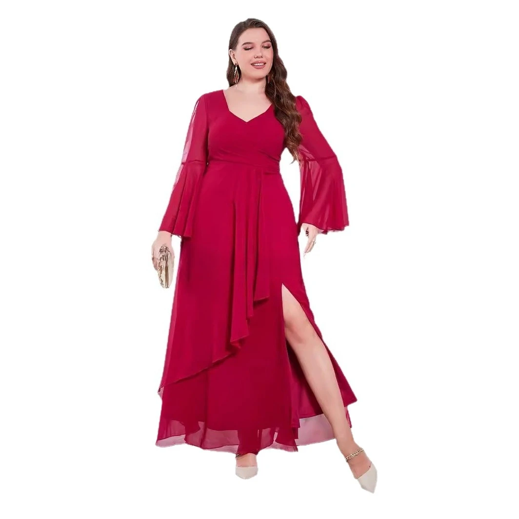 

Elegant V-neck High Low Ruffles Long Formal Evening Dress With Long Sleeves