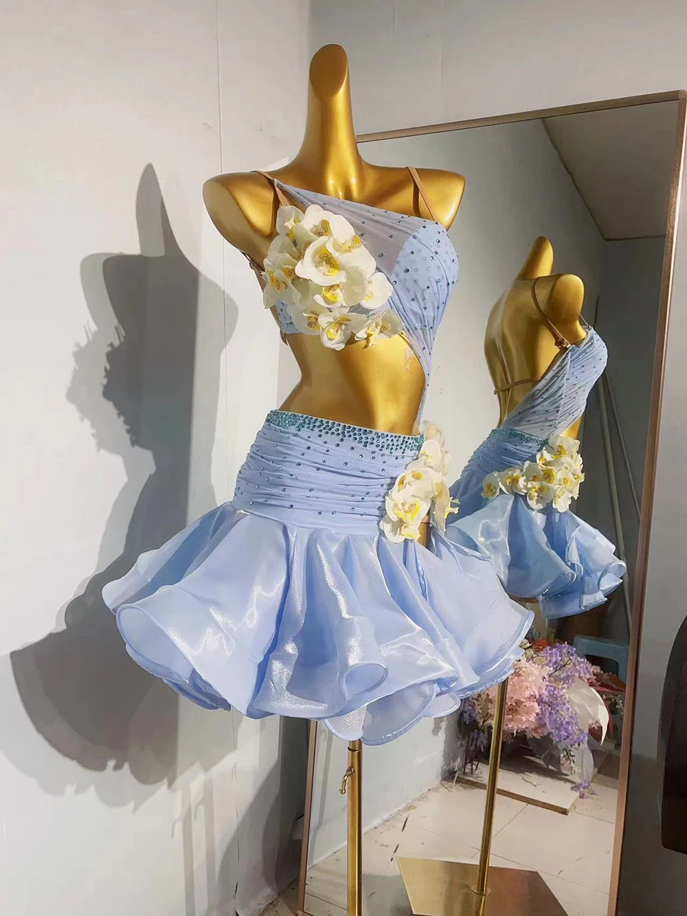 라틴 댄스 성인 및 아동 드레스 AB 스톤 하이 엔드 맞춤형 흰색 꽃 드레스 탱고 여성 전문 드레스