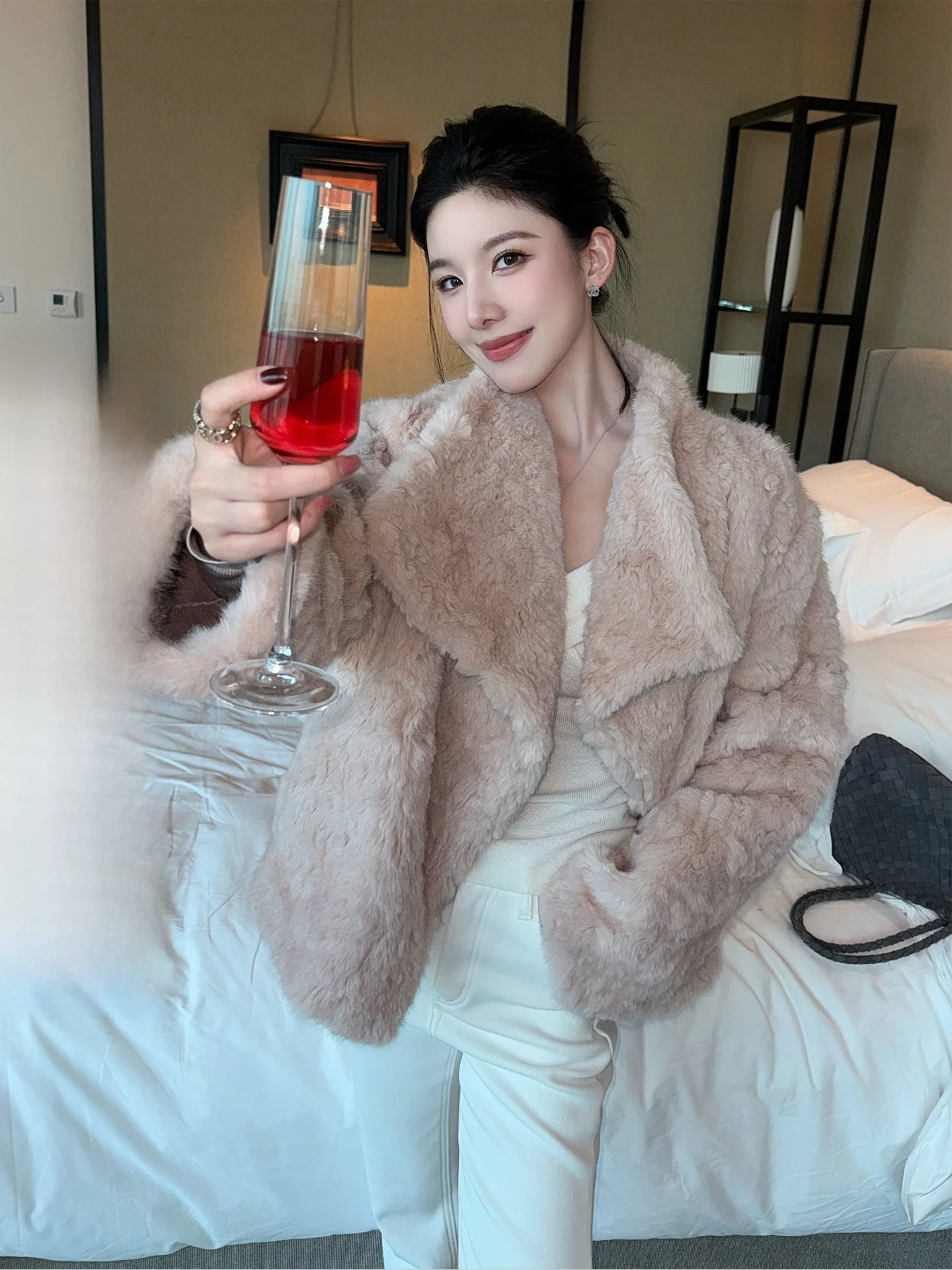 

Warm Fluffy ort Coat Women's Pink Plaid Collar Loose Fit Luxury Sle Polyester Fiber Long Sve Winter Outerwear Coat