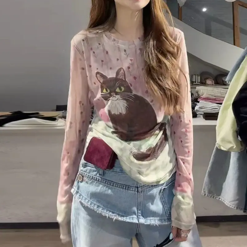 

Cute Cat Floral Print Tulle Long-sleeve T-shirt Y2k Accessories Women Summer New Sun Protection Shirt Tunic Top T-shirt Grunge