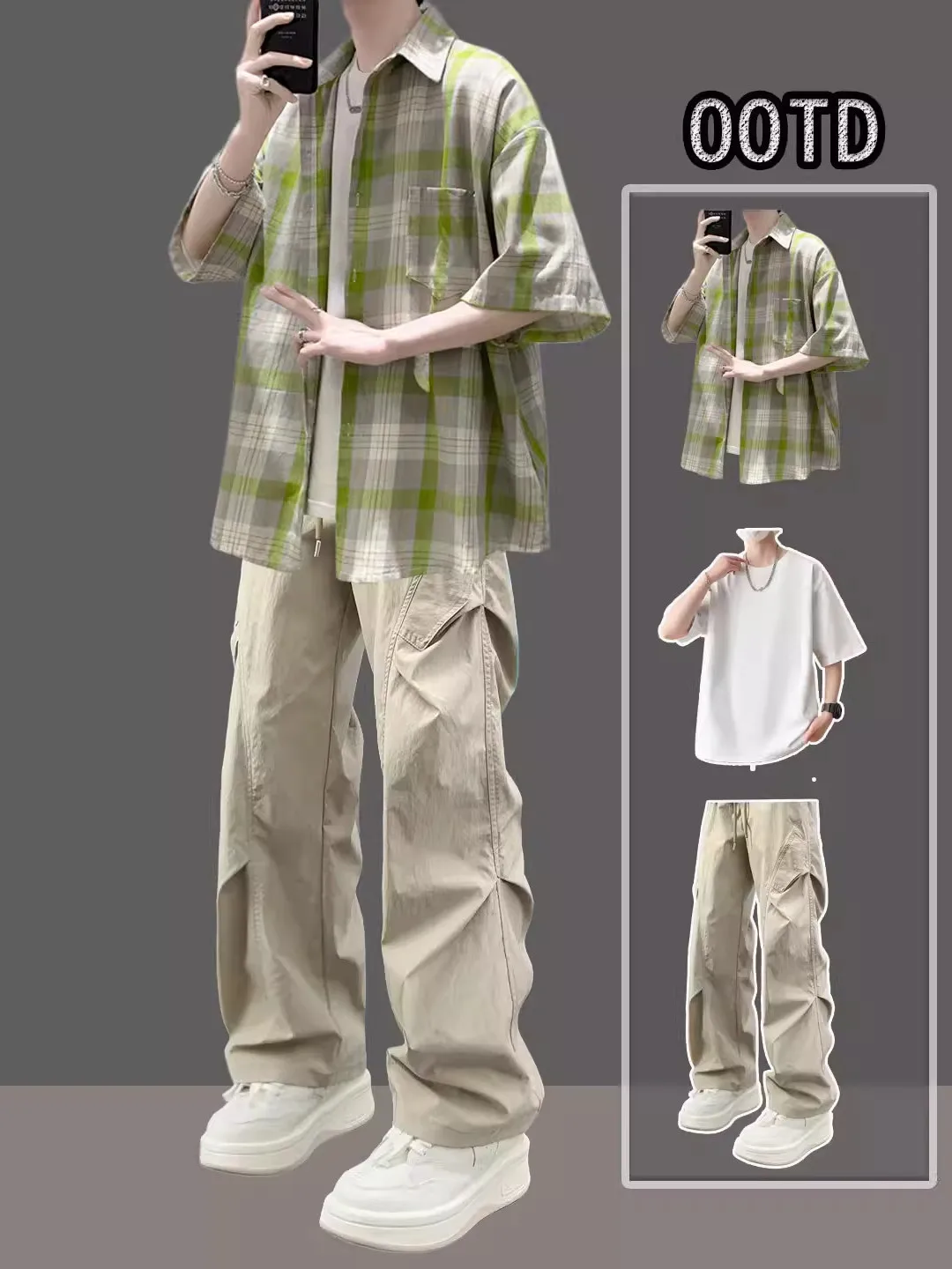 

Summer Plaid Shirt Set Men's Casual Short Sleeve Thin Three-piece Sportswear Teenagers Fashionable Outfit Lightweight Ensemble