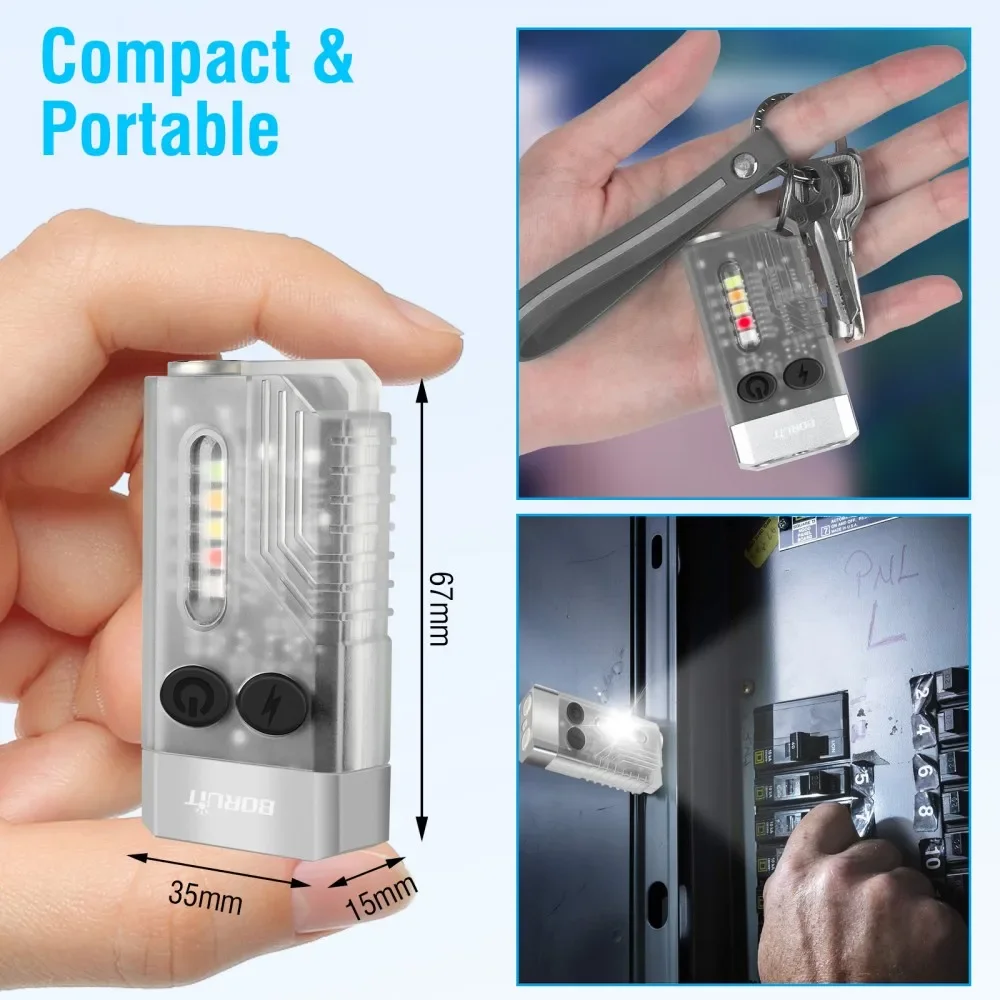BORUiT-V10 LED Keychain Lanterna EDC, Tocha recarregável tipo C, Luz de trabalho com ímã, Buzzer 80DB, 365nm, Lanterna de bolso UV