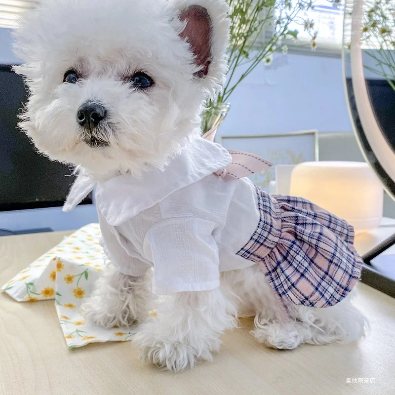 1PC Pet Clothing Cat Spring/Summer Thin Pink Grid Bow Student Princess Dress Suitable for Small and Medium Dogs