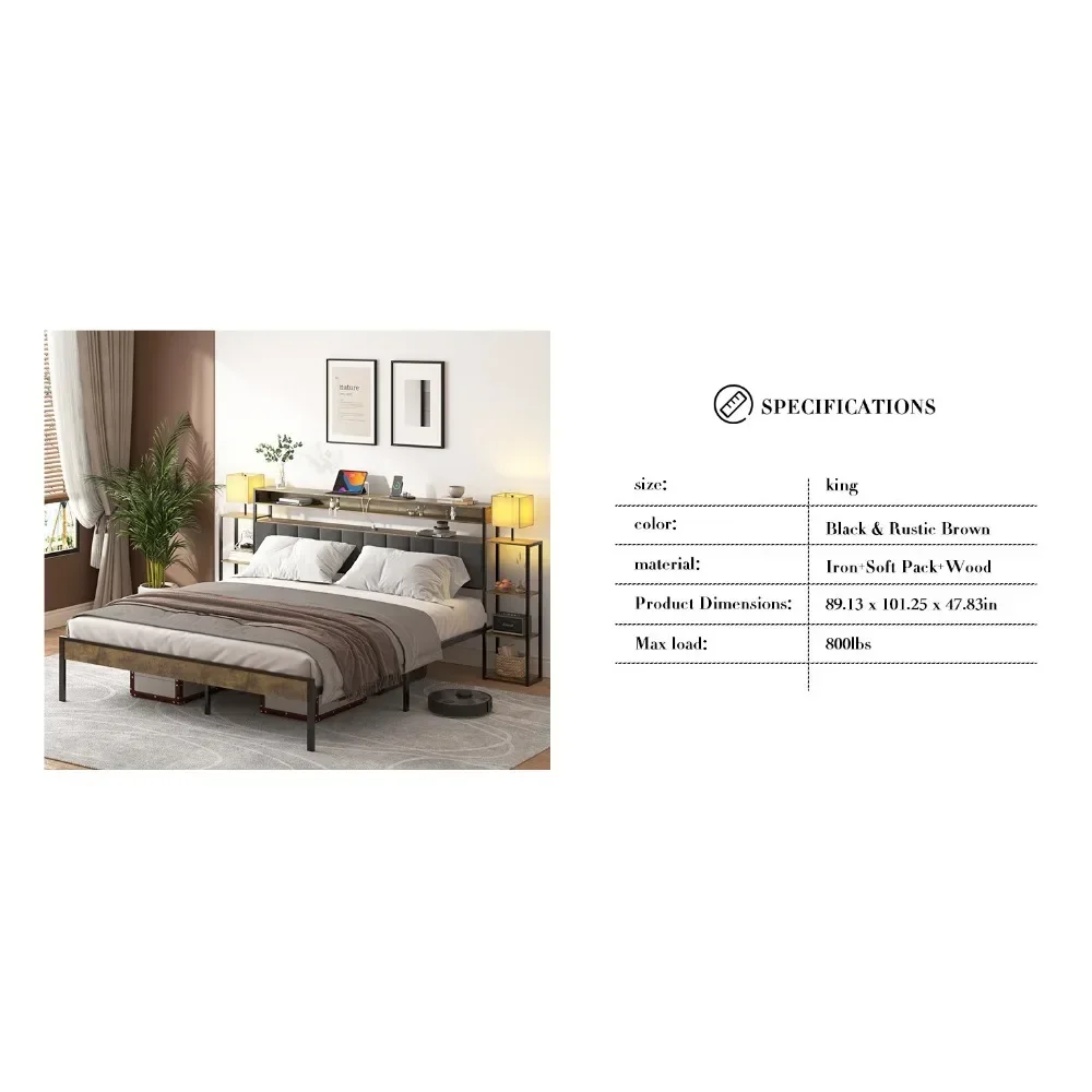 Queen Bed Frame with Headboard, Metal Platform Bed with Smart LED Lights and USB Charging Station, Easy Assembly, No Box Spring image 5