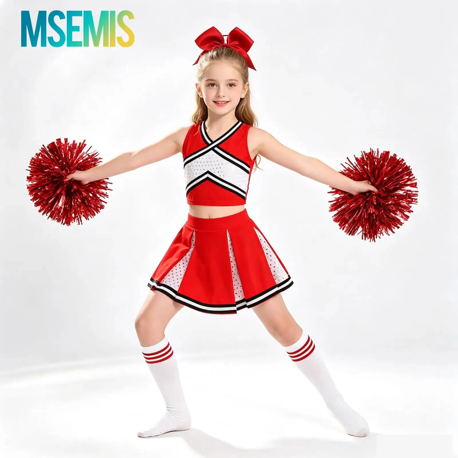 Kids Girls Cheerleading Uniform Cheerleader Costume Sequins Crisscross Striped Front V Neckline Crop Top Pleated Skirt Dancewear