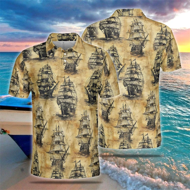 Vintage Sailboat 3D Printed Polo Shirts For Men Clothes Sailor Sailing Job Uniform Ship POLO Shirt Boat Male Button Tee Boy Tops