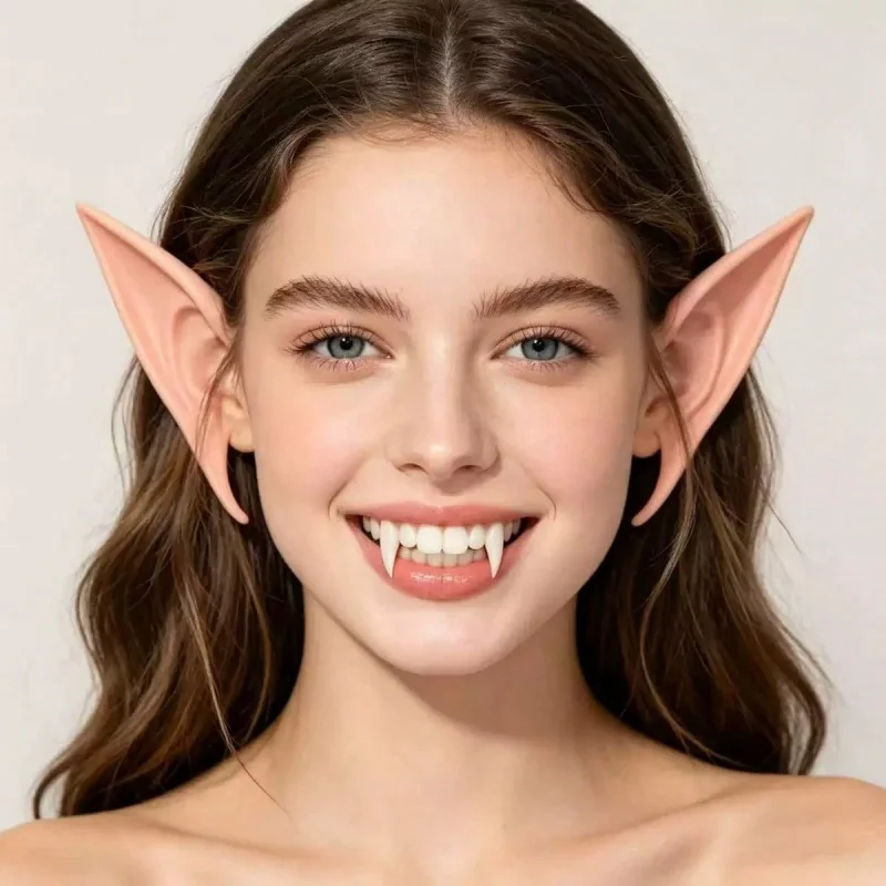 1 Pair Elf Ears + Vampire Fangs Teeth Set, Zombie & Small Tiger Fangs Cosplay Makeup Props, Exquisite Vampire Dentures Accessory