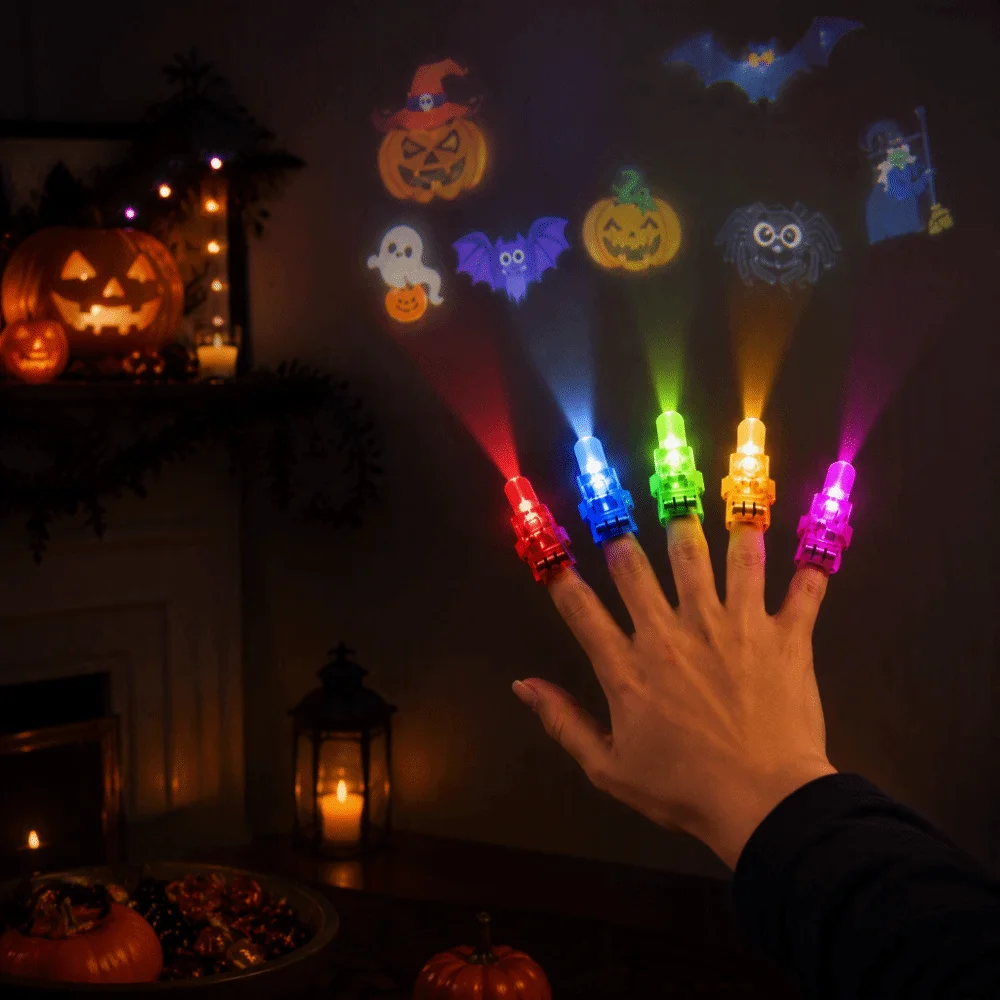 4pcs Box Prizes Glow In The Dark LED Finger Lights Projection Rings Glow Finger Rings Novelty Toys LED Finger Rings Rave Party