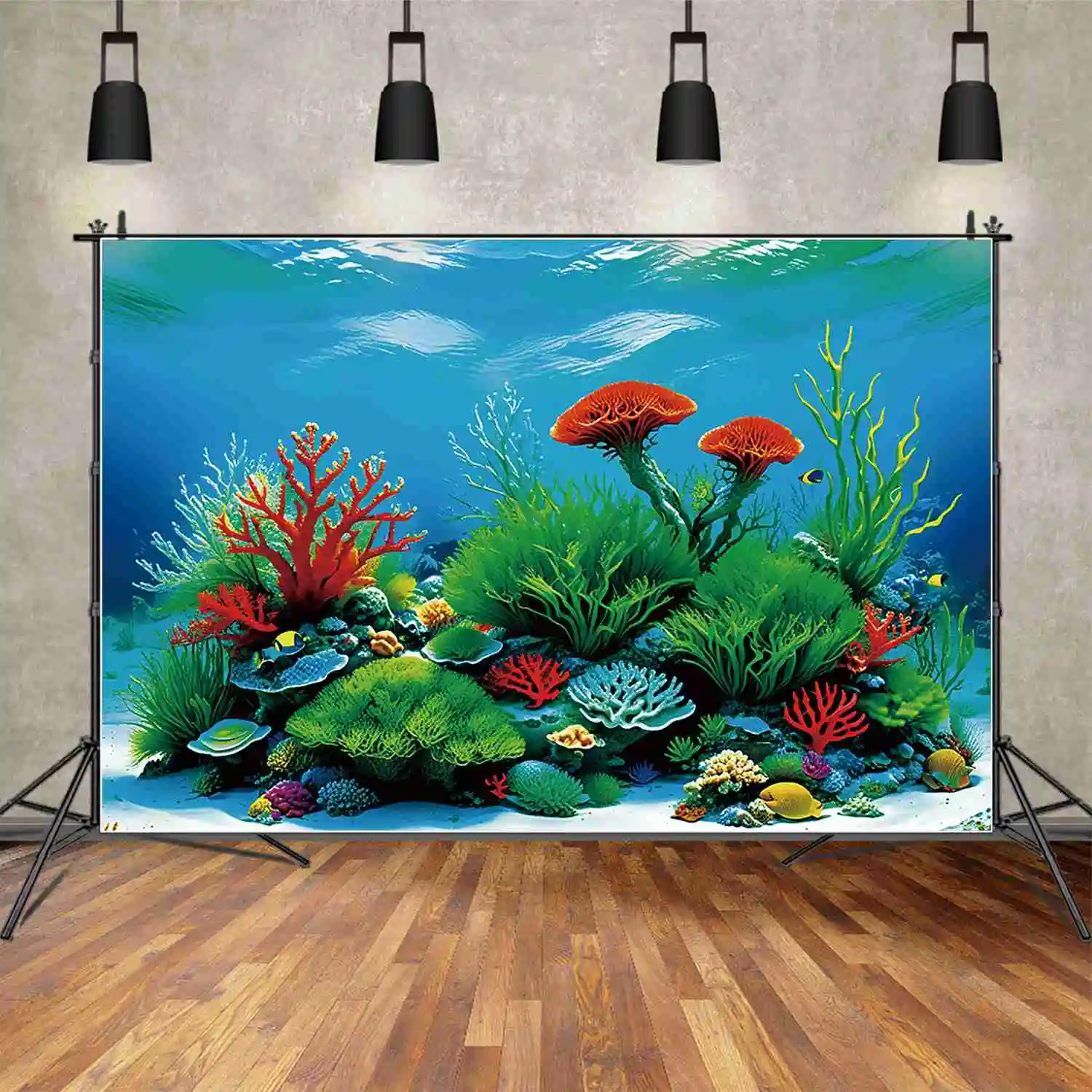 

MOON.QG Green Sea Grass Fish Aquarium Backdrops Girl Rock Red Coral Birthday Backgrounds Customized Party Photocall Supplies