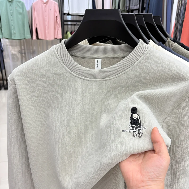 الفاخرة عالية الجودة رجل طويل الأكمام تريكو بيلينغ مقاومة الجولة الرقبة التطريز الصوف مبطن سميكة النباح نمط البلوز #6