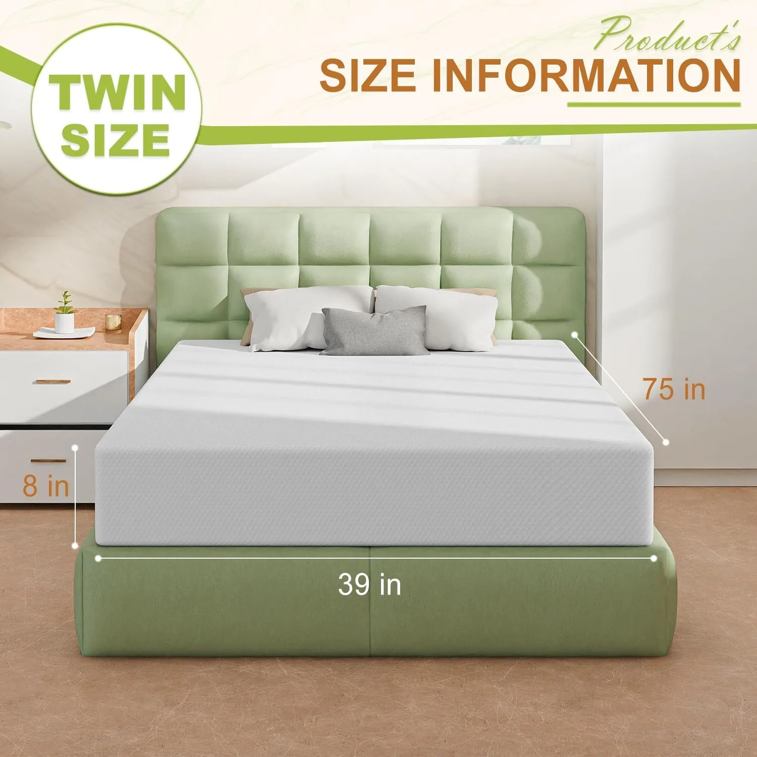 8 Inch Twin Mattress, Gel Memory Foam Twin Size Mattress, Pressure Relieving, Cooling Gel Foam, Twin Mattress in a Box, White