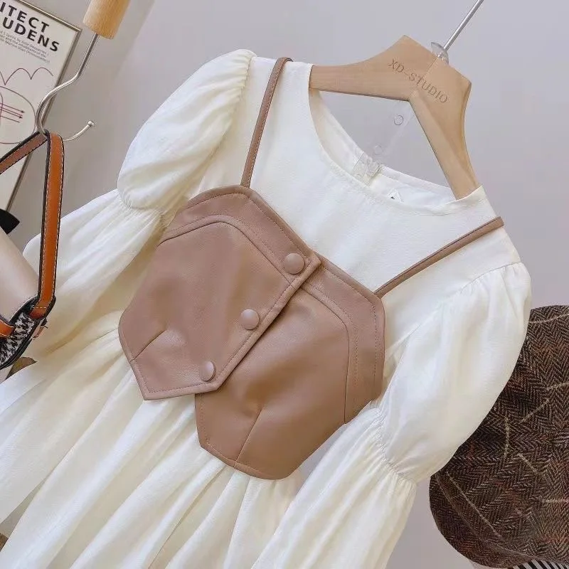 Frühling Herbst Mädchen Kleid Set Langarm Kinder Retro Pu Leder Weste Kleid Set Teenager-Mädchen Kleidung Anzug 4 6 8 12y – Detail 19