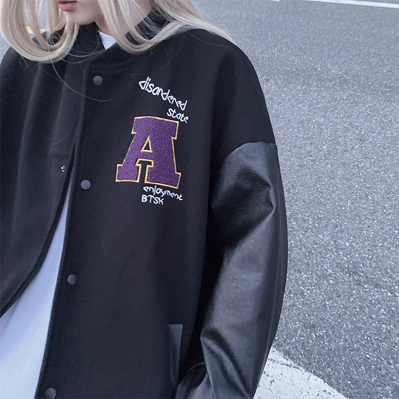 PU Leather Bomber Jacket Women's Autumn Korean Stitched Baseball Uniform Suit Ins Man Couple Harajuku Loose Casual Jacket Coat