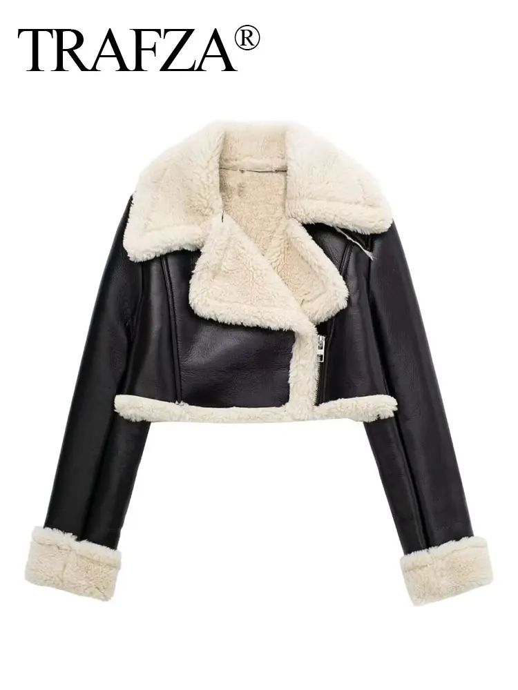 Cappotto invernale TRAFZA per donna 2024 nero risvolto maniche lunghe cerniera femminile giacche corte Top Streetwear donna nuovo In capispalla