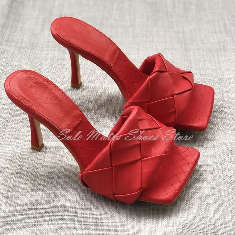 Elegant Knot Front Square Toe Sandals Dark Green Braided Check High Heel Slide Microfiber Leather Handmade Women's Slippers