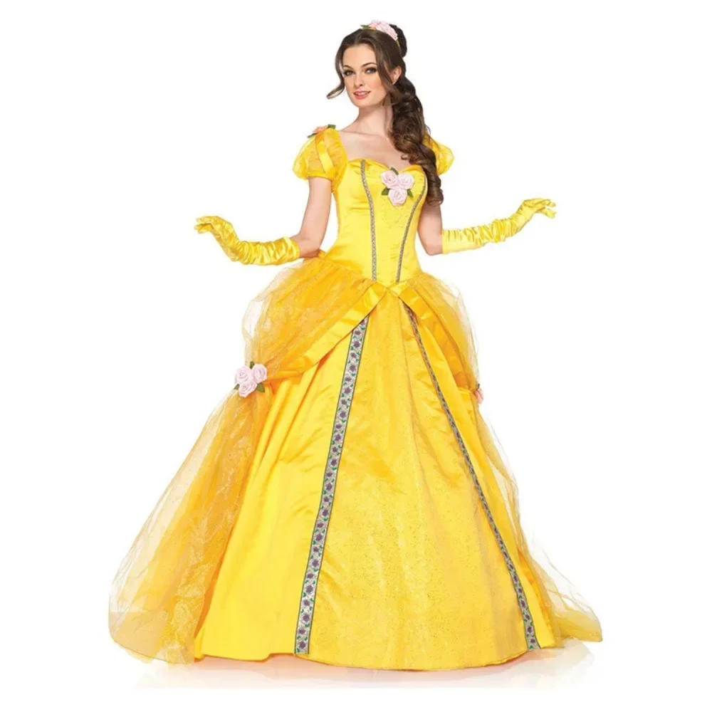 Movie Beauty with Beast Belles Cosplay Costume Women Yellow Dress Full Set Princess Role Play Suit Halloween Carnival Party