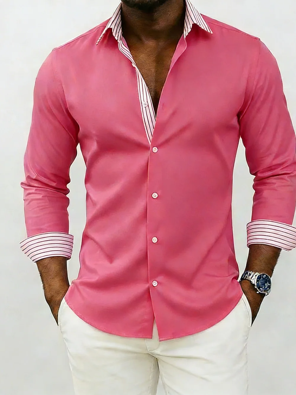 Men's Long Sleeved Lapel Shirt Solid Color Patchwork Print Business Casual Fashion Streetwear Outdoor Leisure Vacation Clothing
