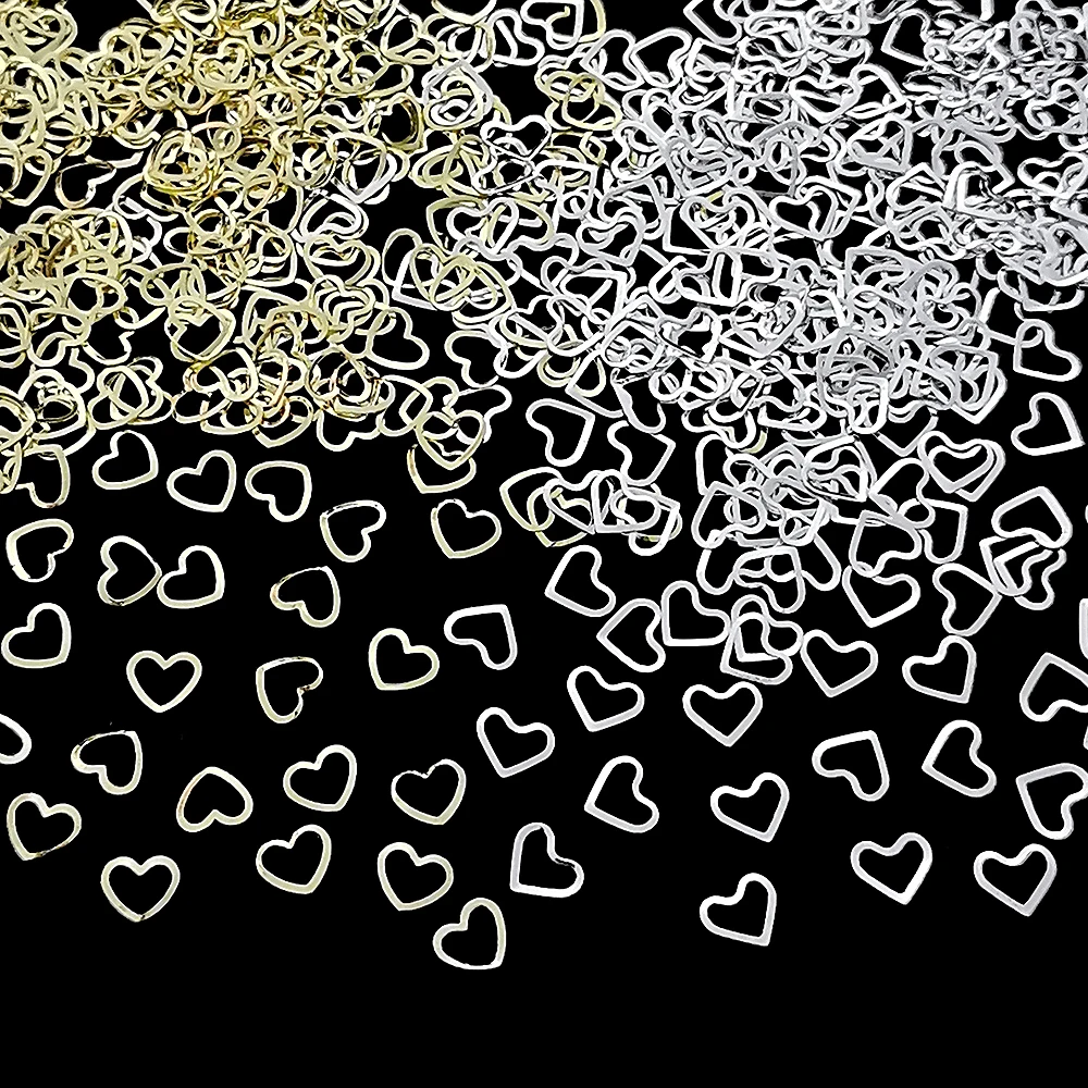 100pcs Shimmering Gold Heart Nail Studs Silver Nail Art Charms Star Metal Nail Decals DIY 3D Nail Decorations for Women & Girls