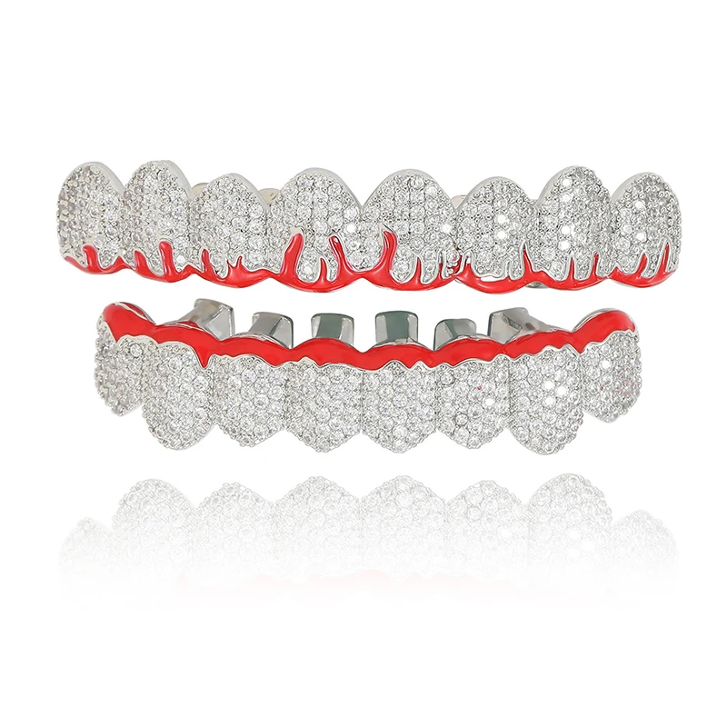 Hip Hop Red Flame Teeth Grillzs Gold Silver Color Micro Pave CZ Zircon Bling Iced Out Men Halloween Rapper Jewelry