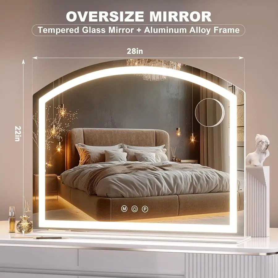 مرآة مكياج مقوسة مع ضوء، مرآة مكياج Led مقوسة 28 × 22 مع تكبير 10 مرات، مرايا مكتب على سطح الطاولة مع شاشة شحن USB #2