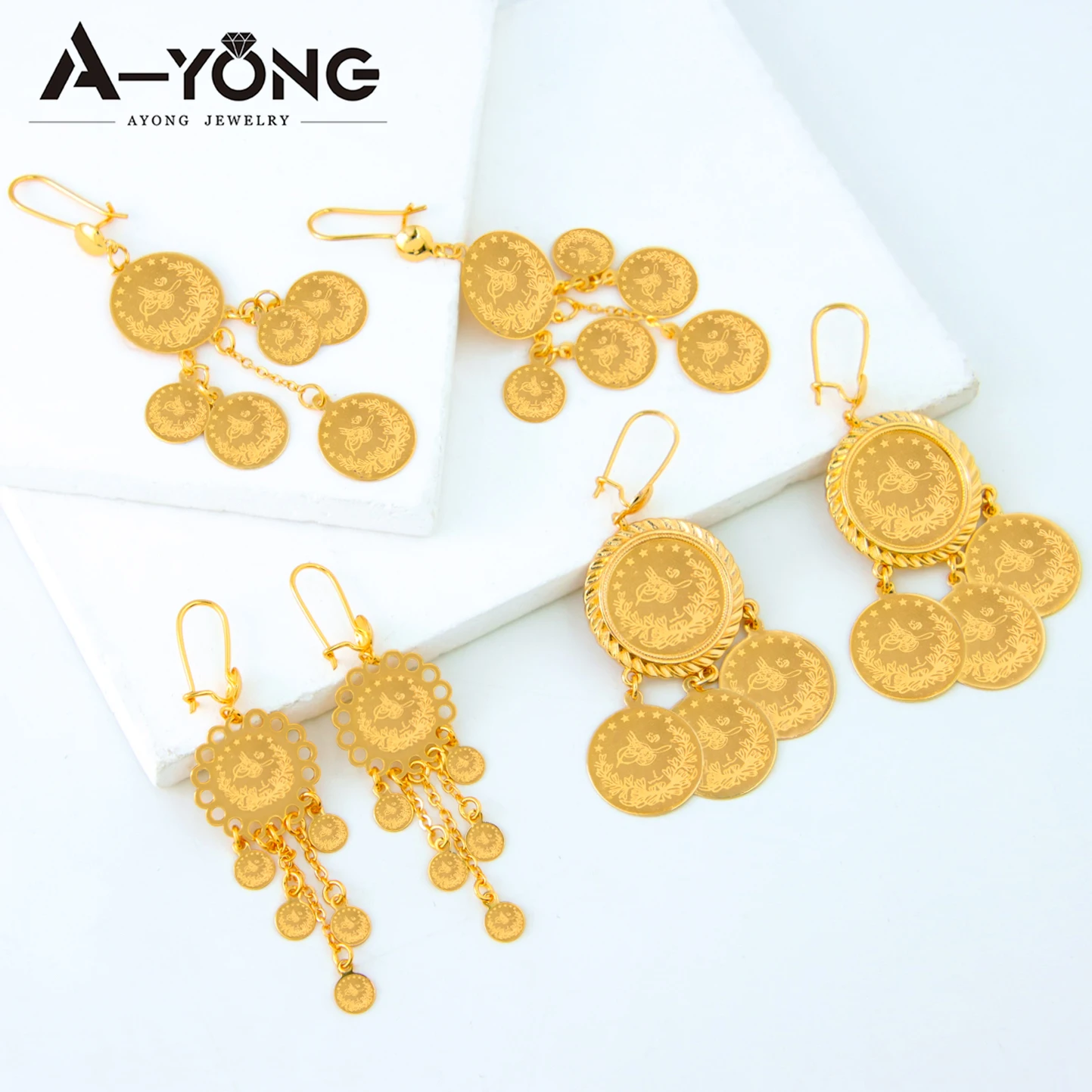 Arab Gold Color Coins Dangle Earrings 18k Copper Gold Plated Turkish Dubai Drop Earring Women Bridal Wedding Jewelry Gifts