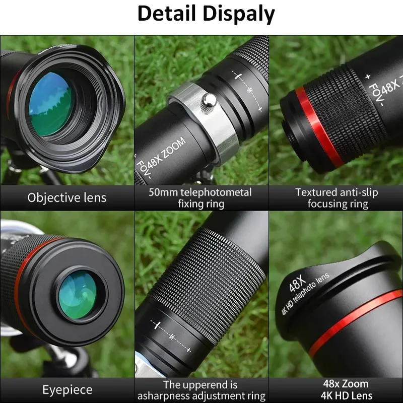 48x HD Zoom Mobile Phone Lens Powerful Binoculars Long Range Monocular Metal Telescope Telephoto Lens With Tripod For Camping