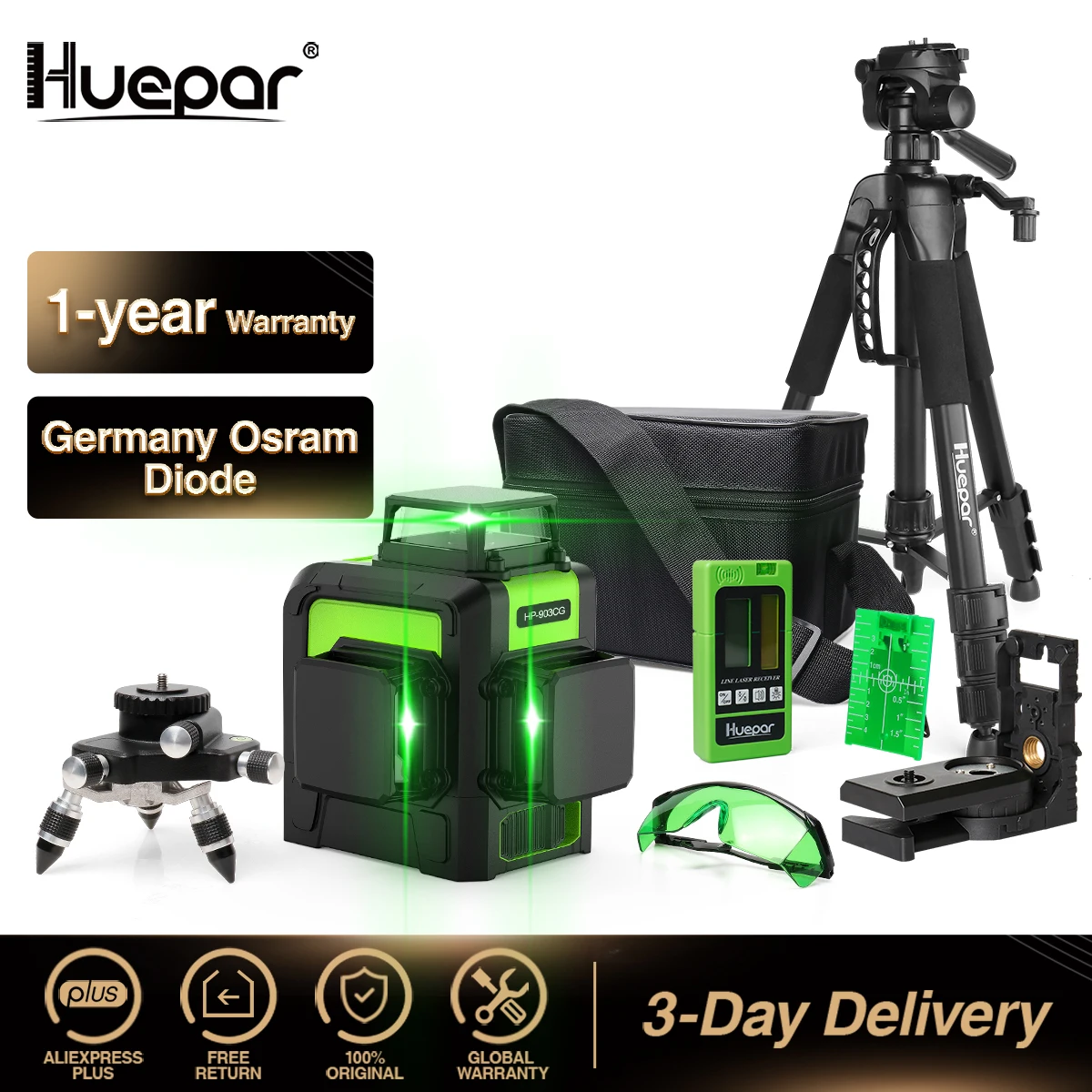 Cruz Linha Laser Nível Kit 12 Linhas Feixe Verde Auto-nivelamento 360 Vertical Horizontal Receptor Tripé Laser Huepar3d