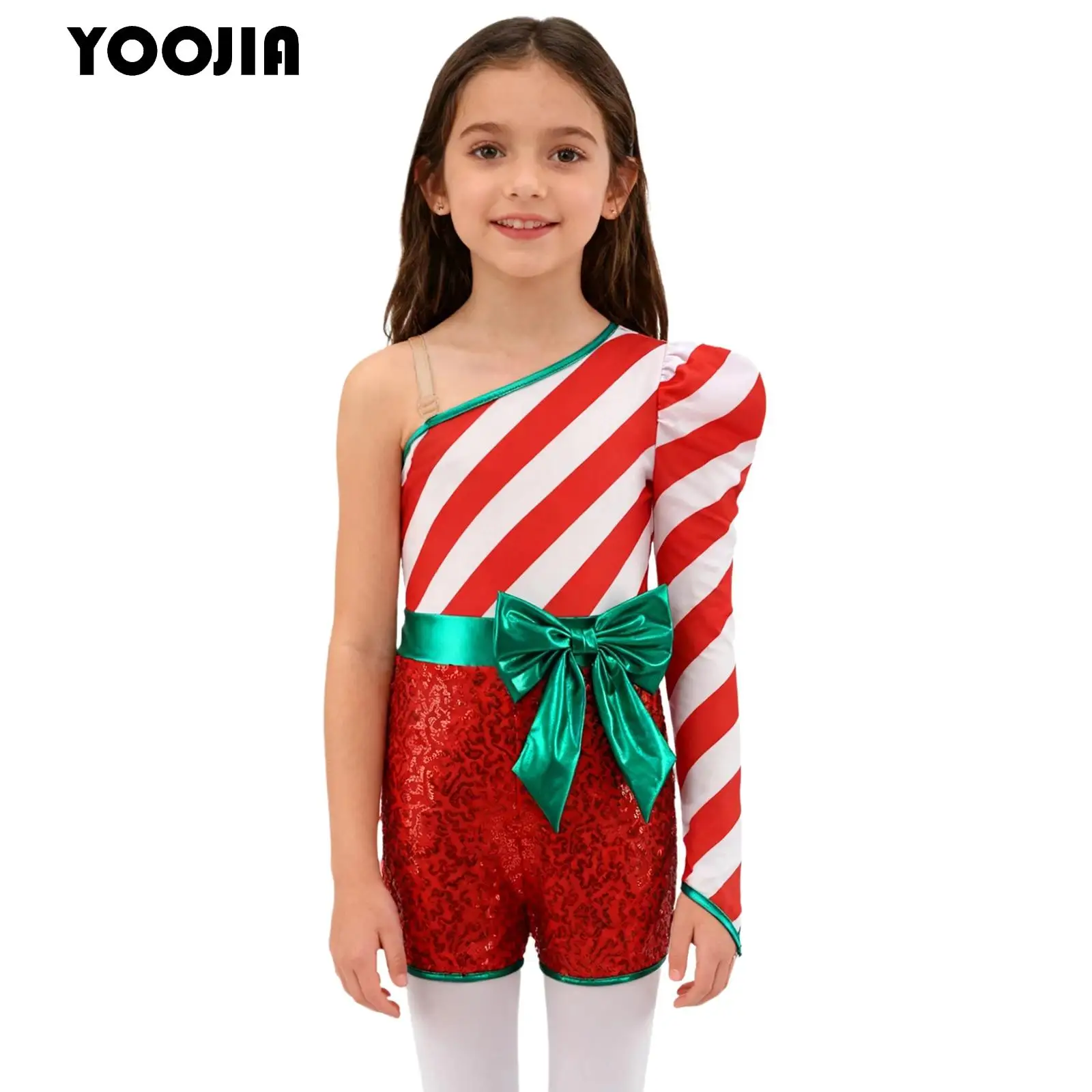 Kids Girl Christmas Dance Costume Xmas Santa Elf Unitard Candy Cane Striped One Shoulder Bodysuit Jumpsuit for Ballet Gymnastics