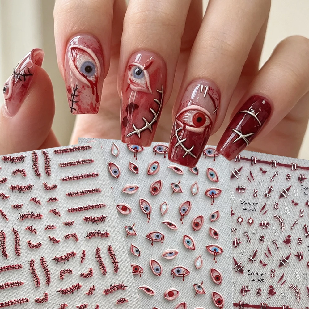 1pcs 5D Halloween Blood Drip Eyeball Scar Nail Stickers Realistic Bloody Stitch Wound Horror Eye Nail Decals DIY Halloween Decor
