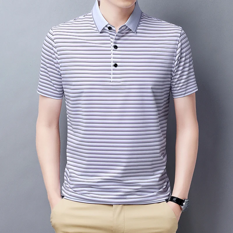 summer New lapel fashion striped short sleeve men's polo collar T-shirt casual simple and comfortable top