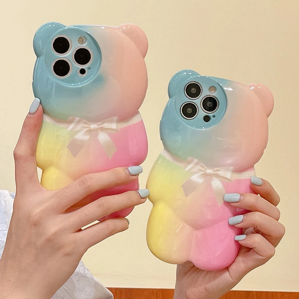 Colorful Bowtie Cute Little Bear shaped phone case for iphone 15 14 Plus 13 12 11 Pro Max XS MAX XR XS X Back Cover