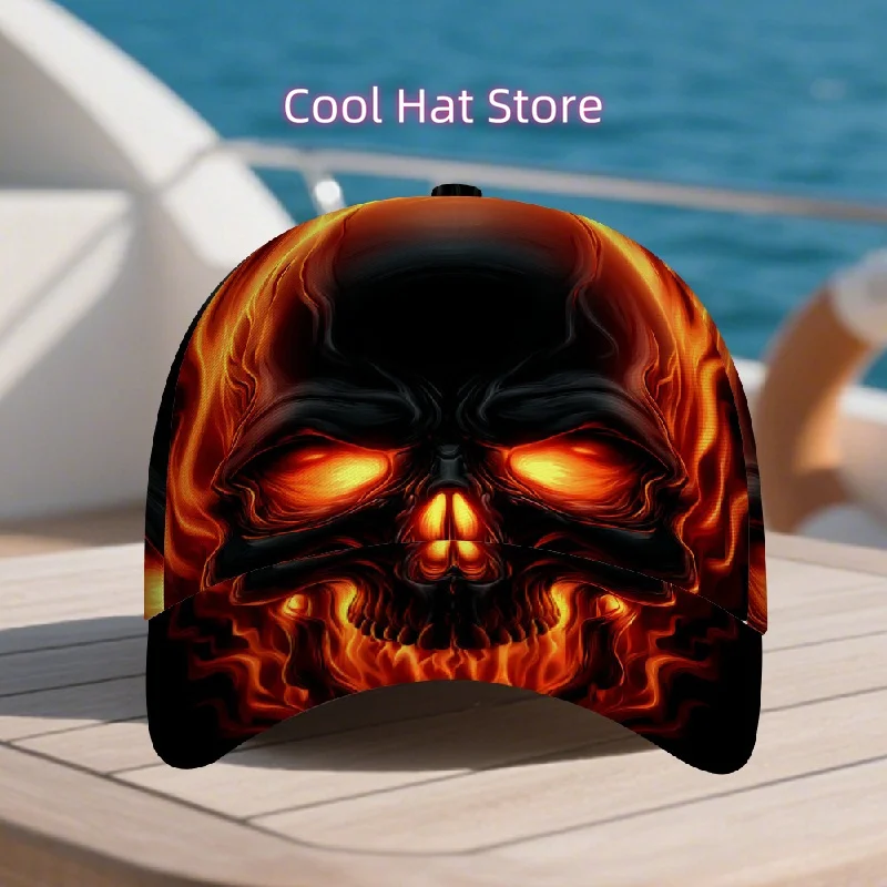 1pc Men'S Hellfire Skull Print Adjustable Baseball Cap | Glowing Orange Eyes & Flame Design - Gothic Streetwear Hat, Lightweight