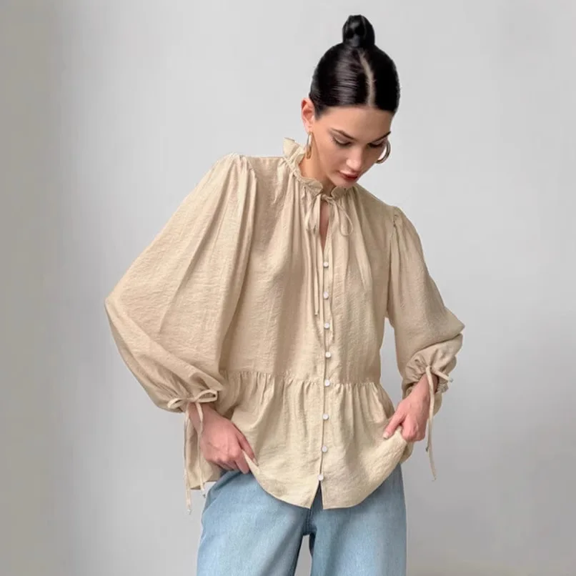 

Lace Up Autum Women's Blouse Solid Color Stand Collar Button Ruffled Loose Fit Shirt For Lady Commuting Minimalist Female Shirt