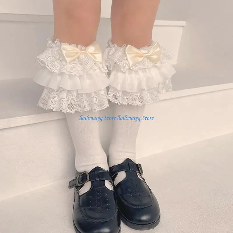 

573B Kids Baby Girls Gothic Knee High Socks Vintage Multi Layered Ruffled Lace Sweet Candy Color Satin Bowknot Princess