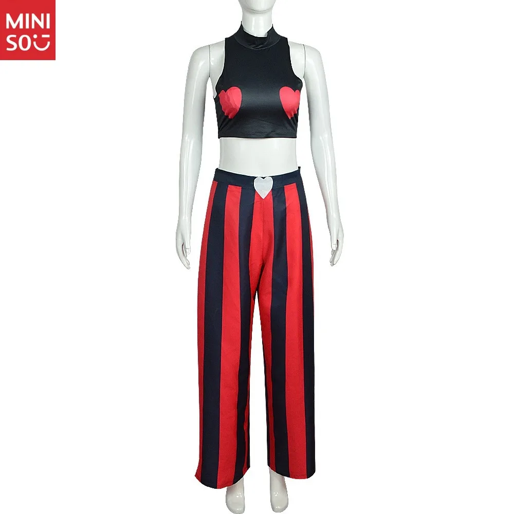 Set di costumi cosplay personaggio dei cartoni animati - Cappotto lungo alla moda con maniche a righe Hazbin Hotel Hell Inn Cos Costume cosplay in velluto