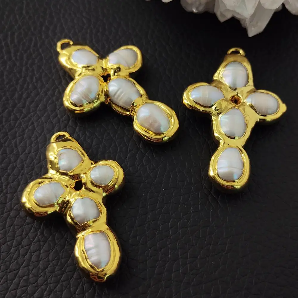 

5 Pcs Real Pearls Pendant White Pearl Crucifix charm Jewelry Making
