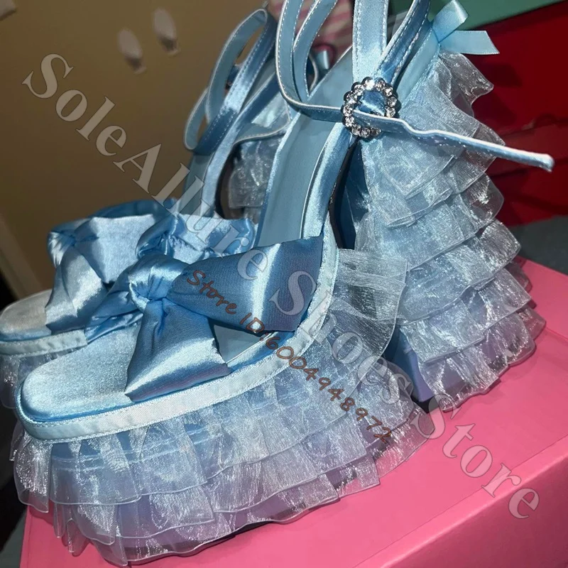 Light Blue Tulle Ruffle Platform Sandals Satin Big Bow Rhinestone Buckle Ankle Strap Chunky Super High Block Heel Lolita Shoes